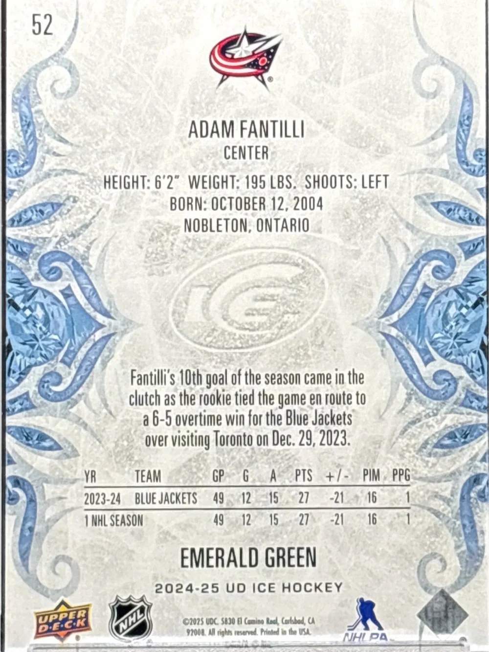 Columbus Blue Jackets Adam Fantilli Green Emerald HoloTrading Card